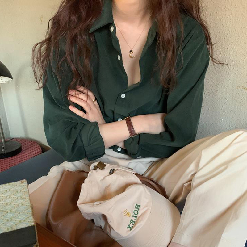 Stylish and Unique Retro Hong Kong-Style Solid Color Versatile Long-Sleeve Polo Collar Layered Wear Brushed Shirt Top for Women in Spring