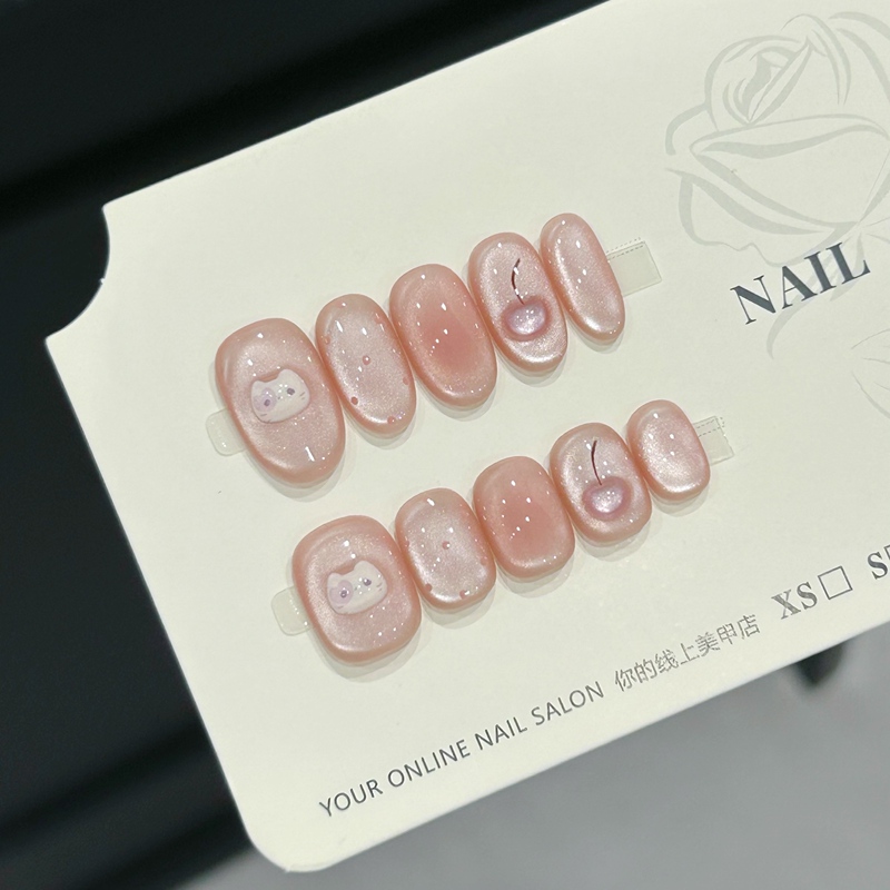 【Cherry Kt Cat】Nude Pink Soft Light Cat Eye Press-On Nails Cherry Gentle and Whitening Nail Art for Photoshoots