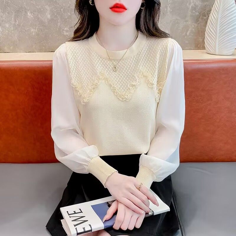 Весенне-осенний новый вязаный свитер с кружевной строчкой, блузка, женский дизайн в западном стиле, круглый вырез, расшитая бисером шифоновая рубашка с длинными рукавами