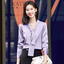 Design sense niche shirt female fashion ribbon shirt 2021 spring and autumn chiffon shirt white collar base shirt tide