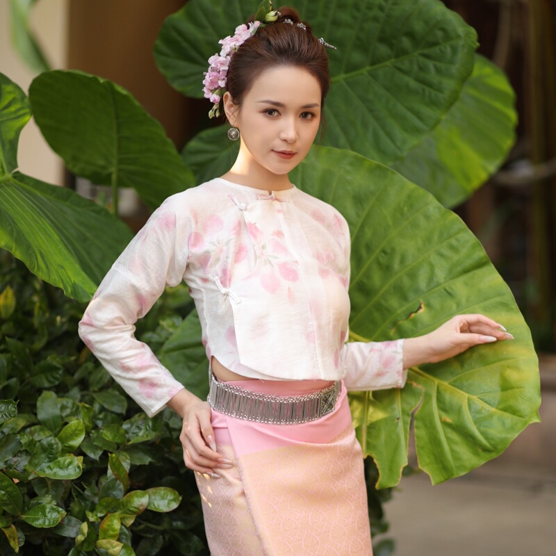 Shabalai Xishuangbanna Dai Ethnic Clothing for Women, Internet Celebrity Style Pink Cotton and Linen Traditional Set, Gold-Woven Tube Skirt