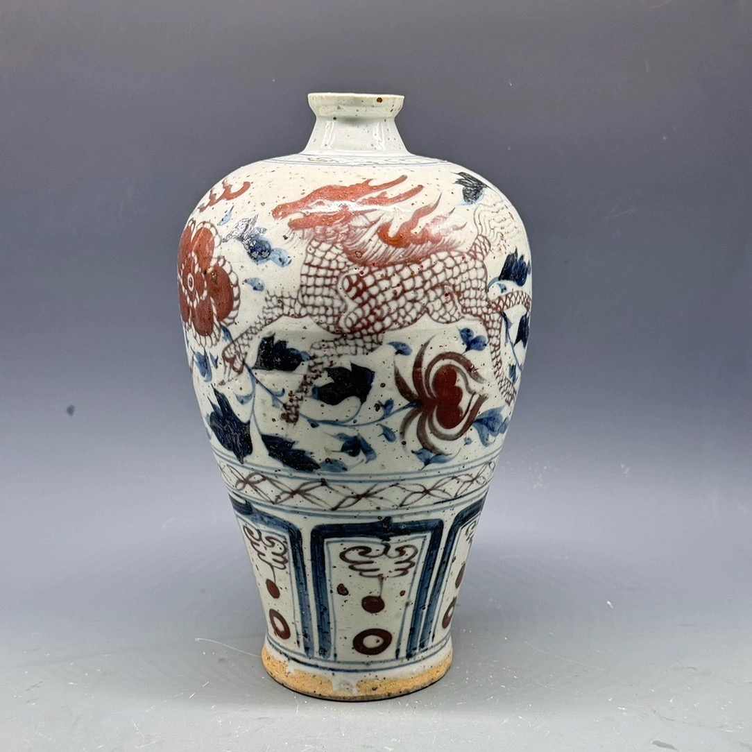 骨董収蔵・元・青花釉裡紅纏枝牡丹獅紋多字款八方梅瓶』・収蔵品・貴重