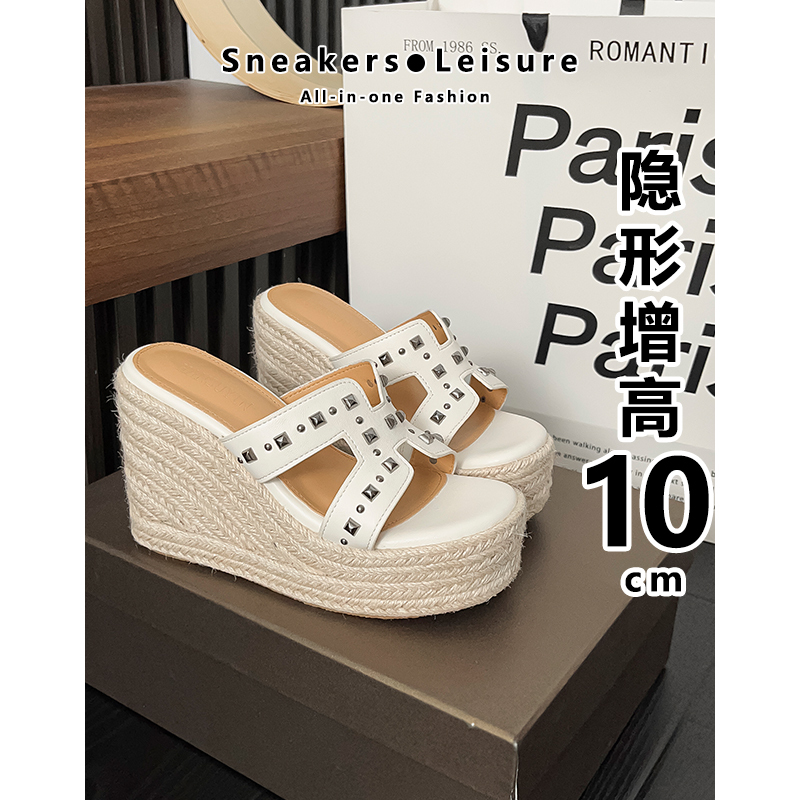 10cm Height Increase~Genuine Leather H Slippers for Women, Summer Outdoor Wear, Rivet Bohemian Style Beach Shoes, Wedge Sandals