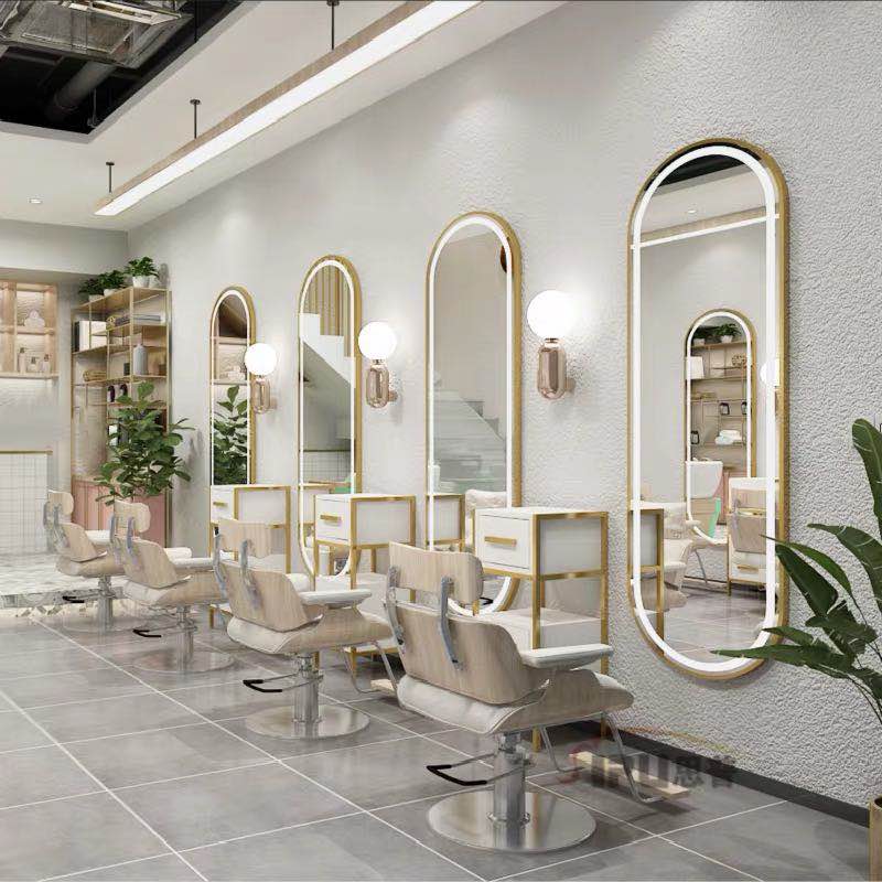 Simple hairdressing shop mirror table modern style hairdressing mirror European style hair salon special mirror hanging wall with lamp trendy hair cutting mirror
