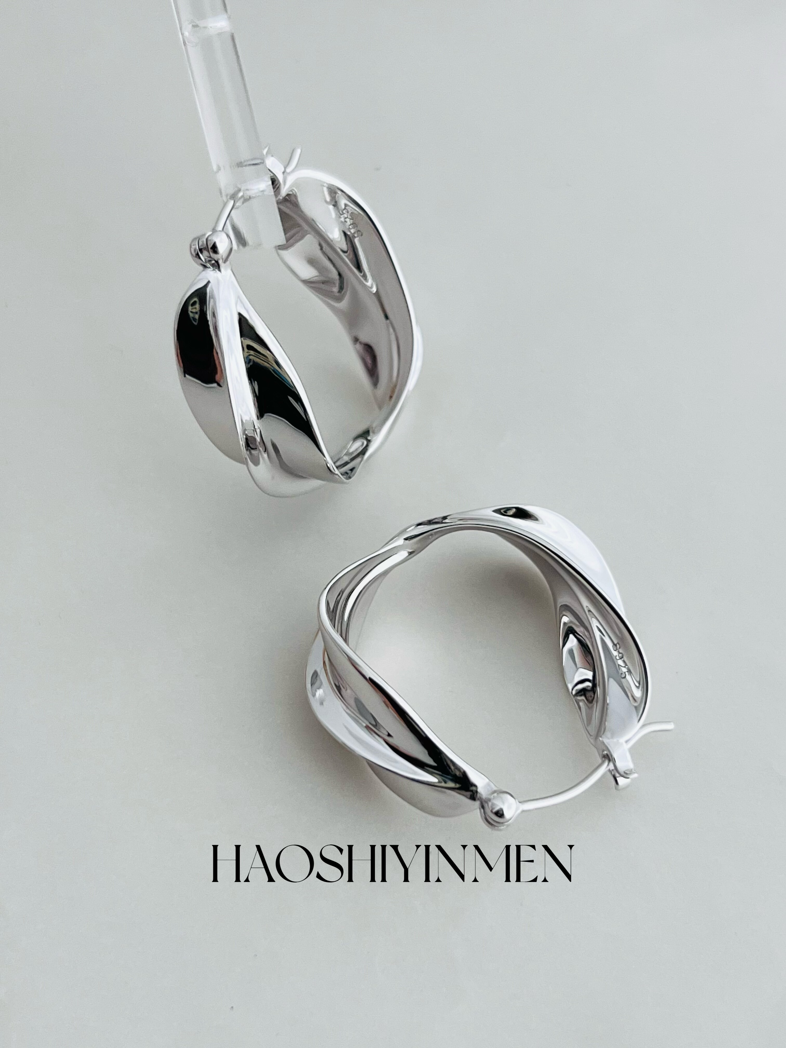 银饰耳饰 设计师高定款通体s925纯银镀铑金扭曲耳圈小众高级时尚耳圈 Other home