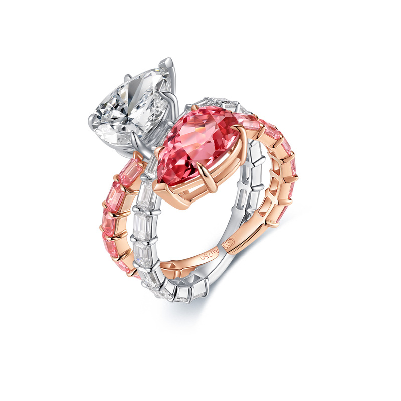 Qifan 18K Gold Cultured Diamond Ring with Double Teardrop Stones, Unique Design Ruby Women's Ring