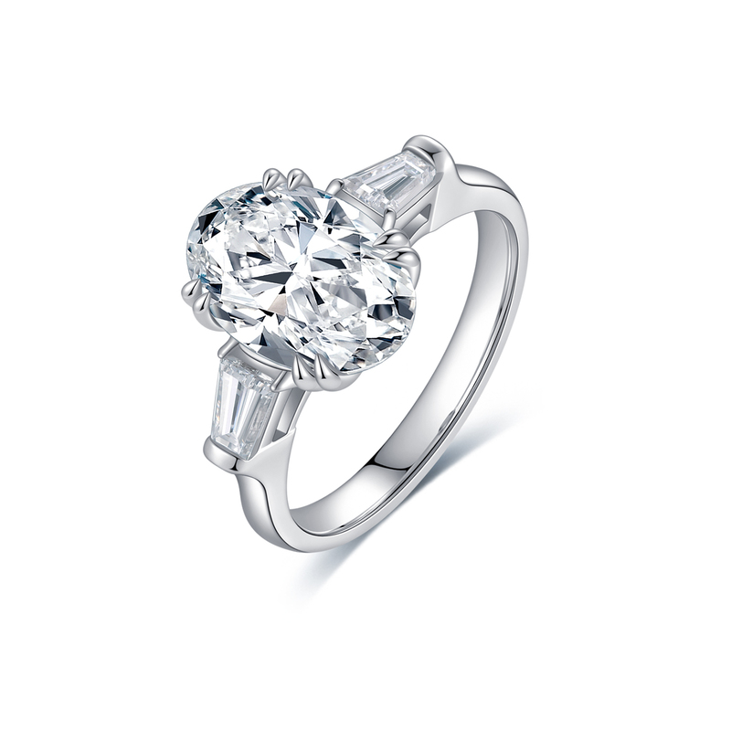 Qifan Pt950 Platinum Lab-Grown Diamond Oval T-Square Three-Stone Ring for Women, Proposal, Wedding, Real Platinum Diamond Ring