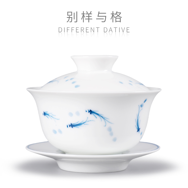 Different style and style Yuyu hand-painted cover bowl teacup Blue and white three-color white porcelain tea bowl single ceramic tea set