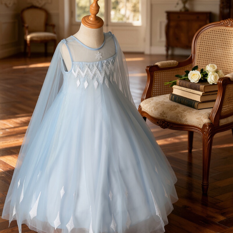 Light Luxury Elsa Princess Dress Summer Girls 2026 New Blue Mesh Vest Dress Fairy Style Kidsren's Dress