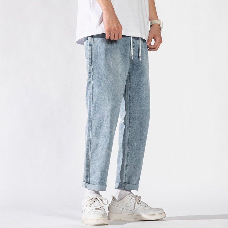 Jeans men spring loose tide nine-point straight pants elastic students Han Edition tide fall and winter pants