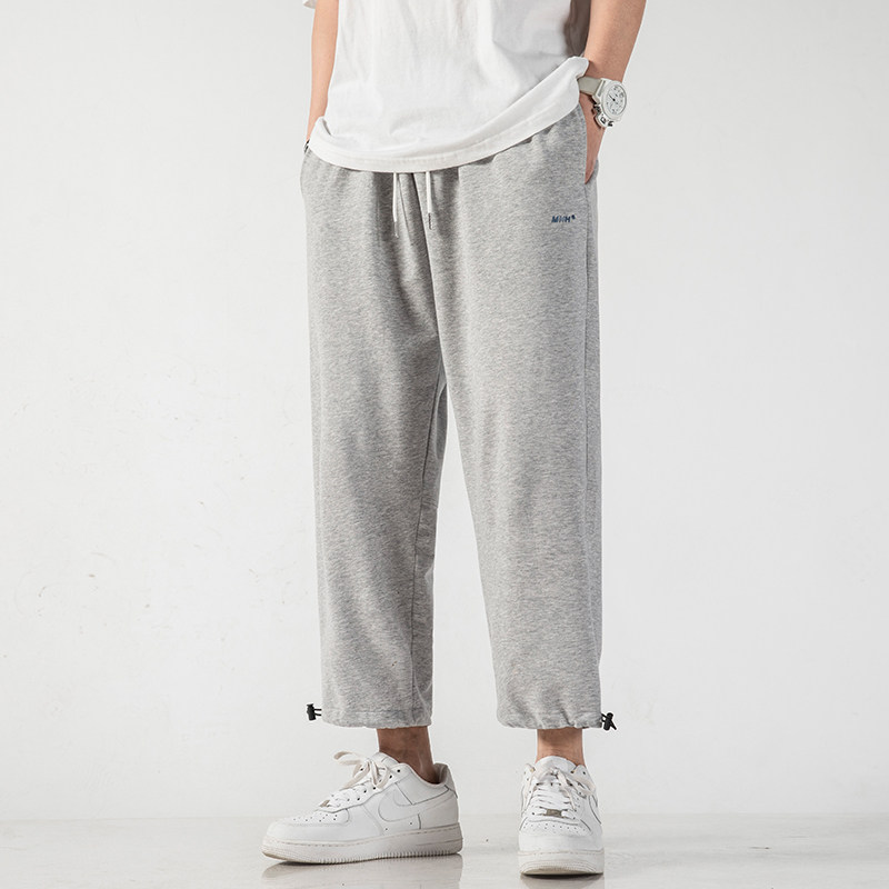 Straight nine-point pants Men's summer thin loose knitted sweatpants trend versatile wide-leg pants Gray sweatpants