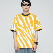 Striped T-shirt Male Tide Day Ensemble Loose Short Sleeve Hooded Sweatshirt Summer Base Shirt Trend Casual 100 Lap Collar Blouse