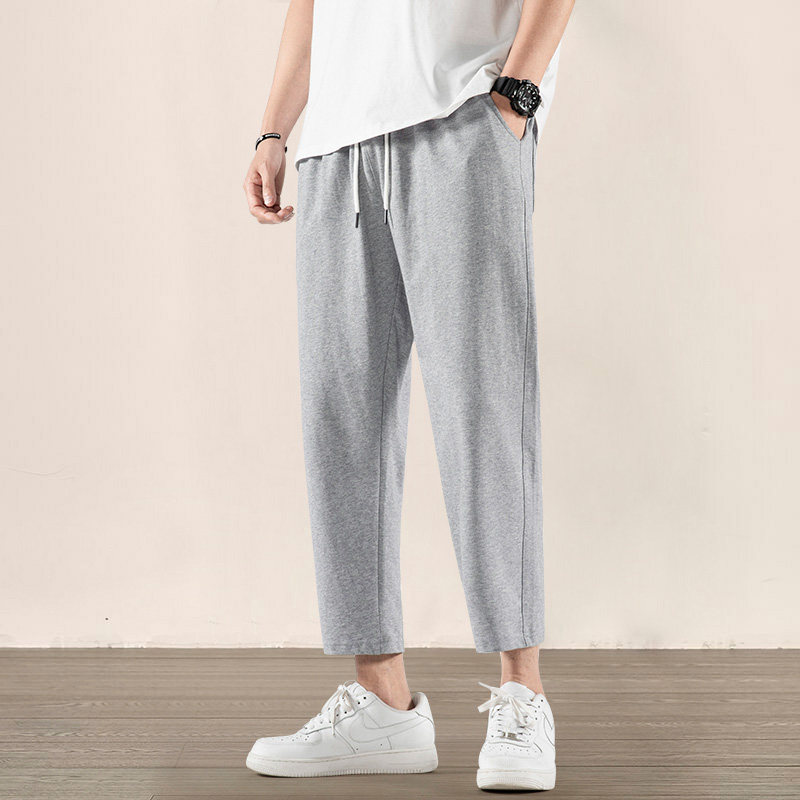 Gray straight nine-point wide-leg pants summer thin section loose knitted sweatpants casual sports 8 eight-point nine-point men's pants