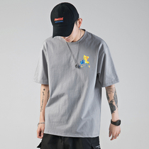 Short Sleeve T-shirt Mens Pure Cotton Round Collar Blouse Summer New Small Bear Printed Pure Color Casual Ins Loose Sleeve Hooded Sweatshirt