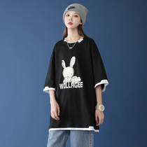 Short-sleeved Summer men and women same fake two rabbit casual 2021 summer loose cotton round neck Half sleeve top