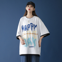 Short sleeve 2021 summer Men Fake two pieces creative printing trend half sleeve casual loose versatile letter round neck T-shirt