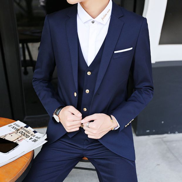 Bộ đồ vest nam Slim Hàn Quốc phiên bản chuyên nghiệp mặc mùa xuân và mùa thu Bộ đồ ba mảnh phù hợp với chú rể chú rể váy cưới suit nam