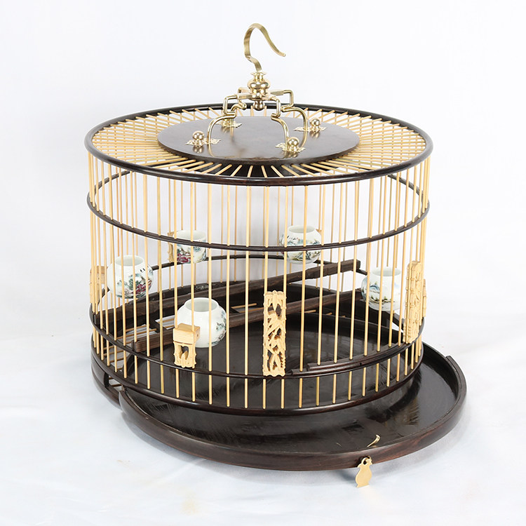 Ebony huanghuali wood purple sandalwood handmade round indigo chin red embroidered eye jade bird hibiscus drawer bird cage