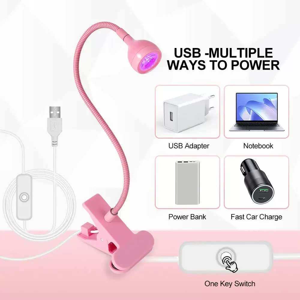 LED UV лампа для ногтей, прищепка, USB питание, гибкий гусек (чёрная/розовая/белая)