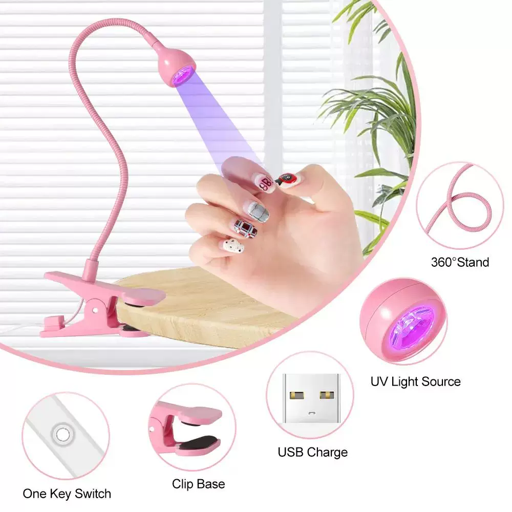 LED UV лампа для ногтей, прищепка, USB питание, гибкий гусек (чёрная/розовая/белая)