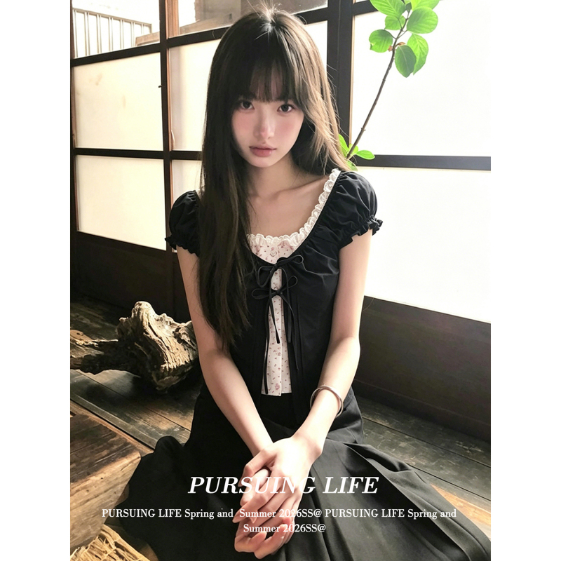 Korean Style Fake Two-Piece Short-Sleeved Shirt for Women, New Summer Style with Ruffled Edges, Tie Waist, Slim Fit, Trendy Top Korean Style Fake Two-Piece Short-Sleeved Shirt for Women, New Summer Style with Ruffled Edges, Tie Waist, Slim Fit, Trendy Top