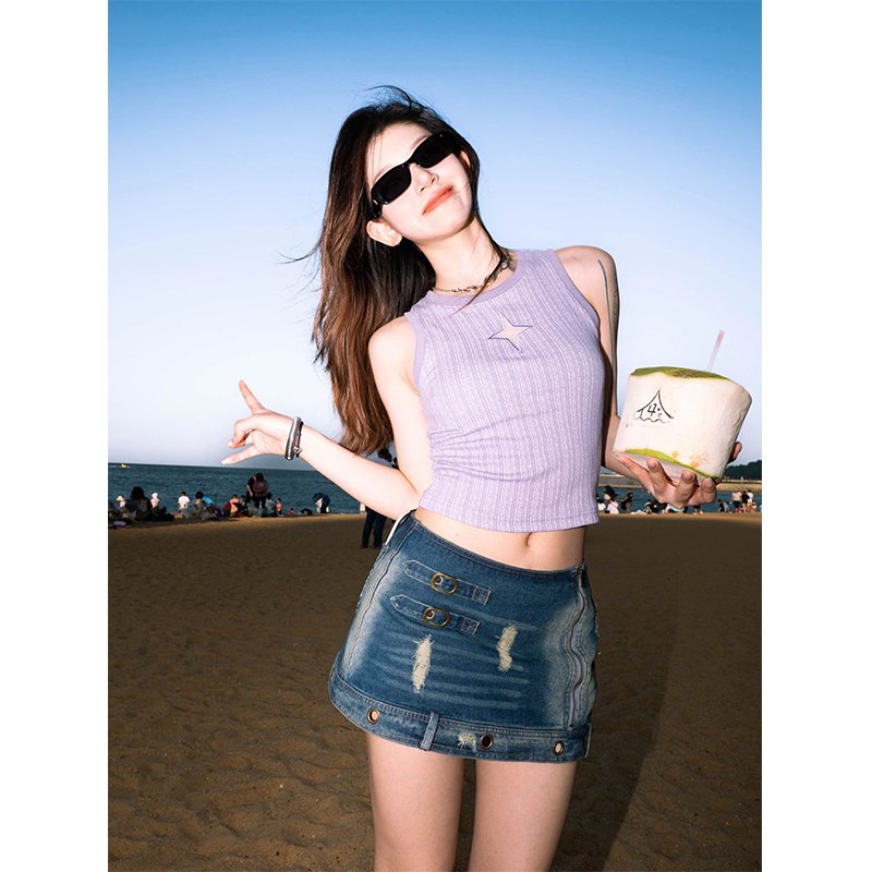 American Retro Camisole for Women, Summer Style, Star Embroider, Sexy Sleeveless T-Shirt, Cut Out Slim Fit Short Top