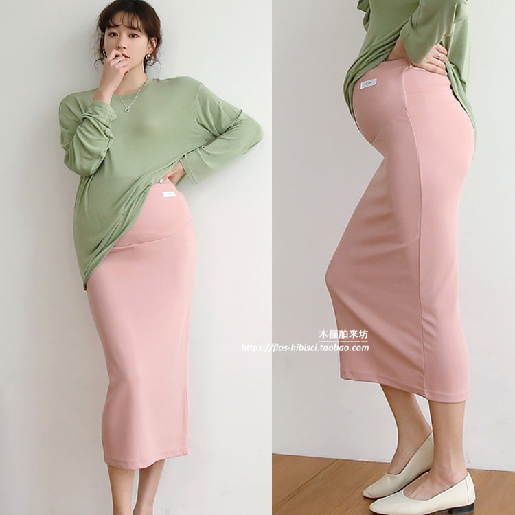 Spring dress new stretch cotton support belly bag hip skirt Korean maternity skirt slim split fairy skirt pregnant mother