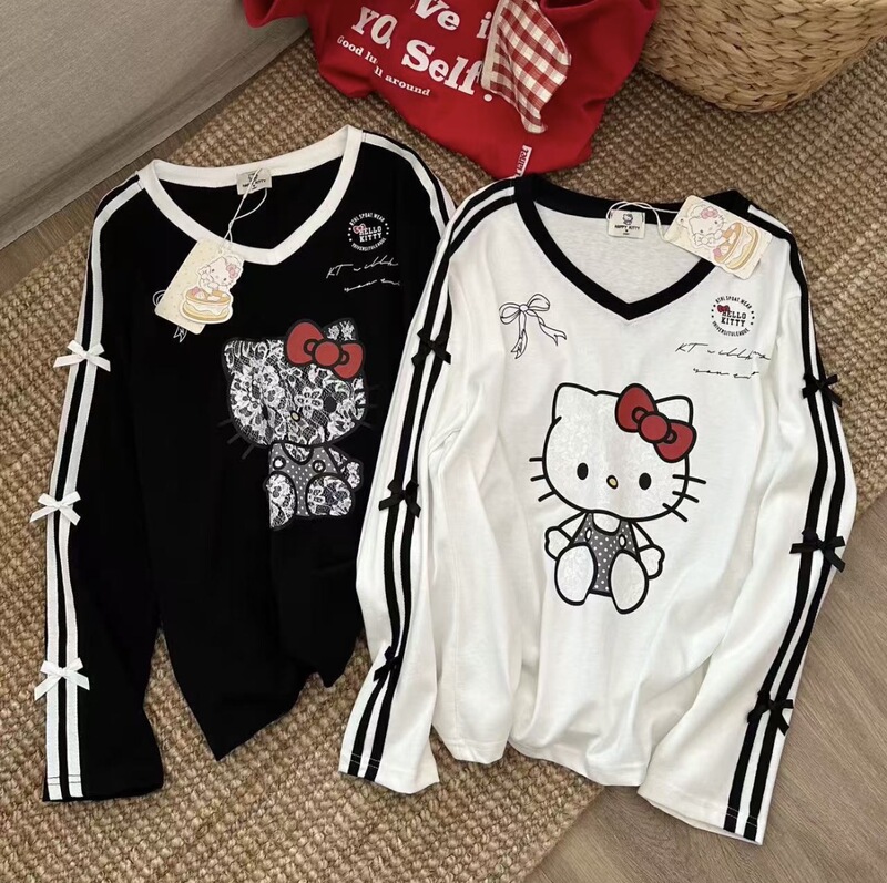 High Quality! [Lace Trim Kt] V-Neck Long-Sleeve Base Shirt, Early Autumn Style, Loose Fit, Niche Design, Versatile