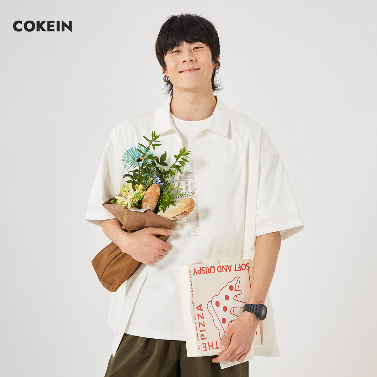 COKEIN短袖衬衫男日系纯色休闲侧边插袋夏季宽松工装半袖潮牌衬衣-Taobao