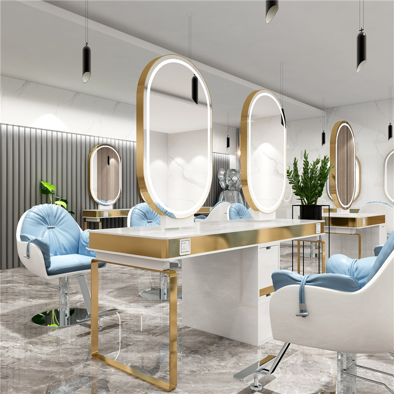 Net red Li Kun shop beauty mirror hairdressing mirror hair salon special stainless steel frame hair cutting mirror LED lamp ironing mirror table