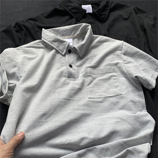 夏季纯棉简约polo衫男宽松灰色口袋短袖t恤女翻领休闲纯色袋子T恤