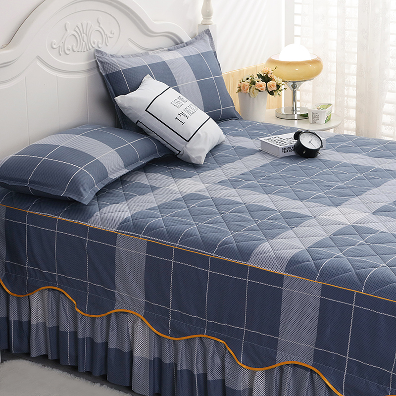 キルティングベッドスカートシングルピース厚手1.5m1.8m滑り止め保護カバー純綿ベッドカバーベッドスプレッド3点セット4
