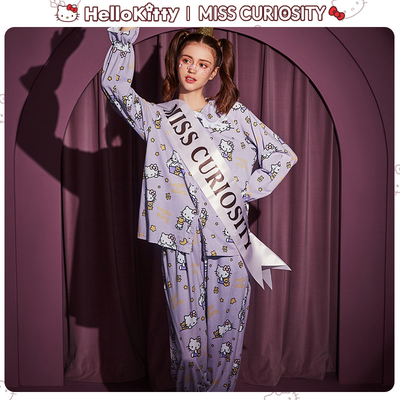 Curious Miss Hello Kitty Cotton Women's Pajamas Women's Spring and Autumn Long Sleeve Cute Girl Homewear Set