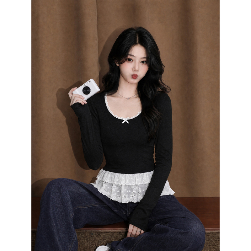 Black Lace Bow Long-Sleeved T-Shirt for Women, New Autumn Style with Ruffled Hem Design, Slim-Fitting Top Black Lace Bow Long-Sleeved T-Shirt for Women, New Autumn Style with Ruffled Hem Design, Slim-Fitting Top
