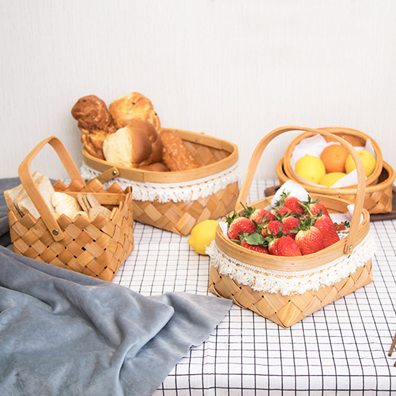 Japanese-style wood chip hand-woven basket fruit snacks bread picnic rattan bamboo weaving portable storage basket shooting props