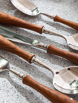 Flower Delicate Wood Cutlery Sweet wood handle Stainless steel Home Pear Knife Fork Small Spoon Long Handle Spoon Subnet Red Ins Wind