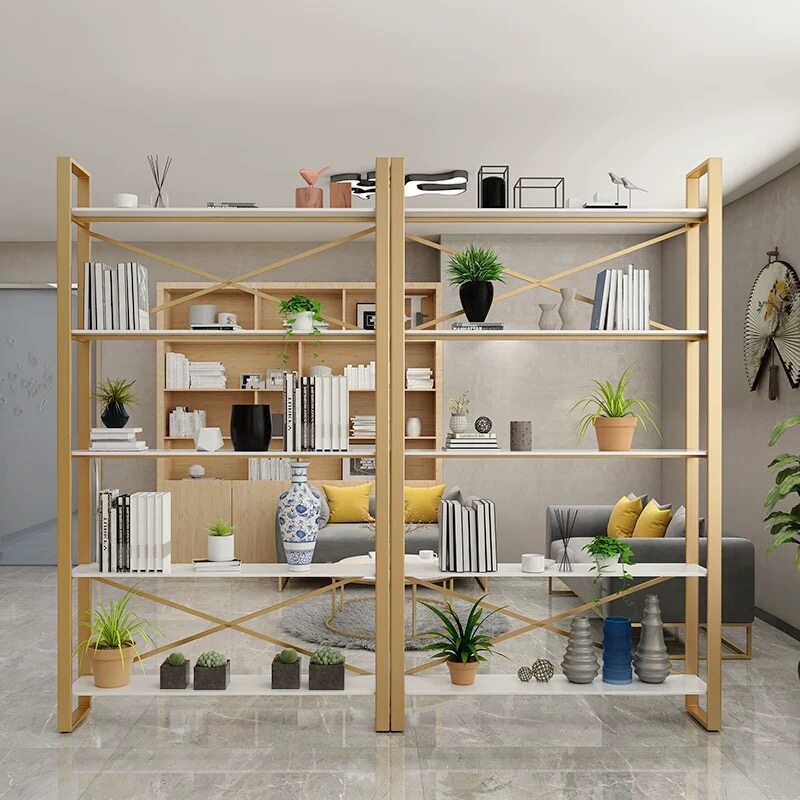 Simple iron art bookshelf landing shelf light luxury cosmetics display shelves living room partition frame solid wood collection shelves