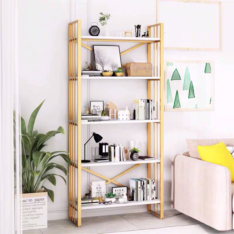 Nordic wrought iron bookshelf office rack simple floor-to-ceiling bookcase golden light luxury living room partition display rack