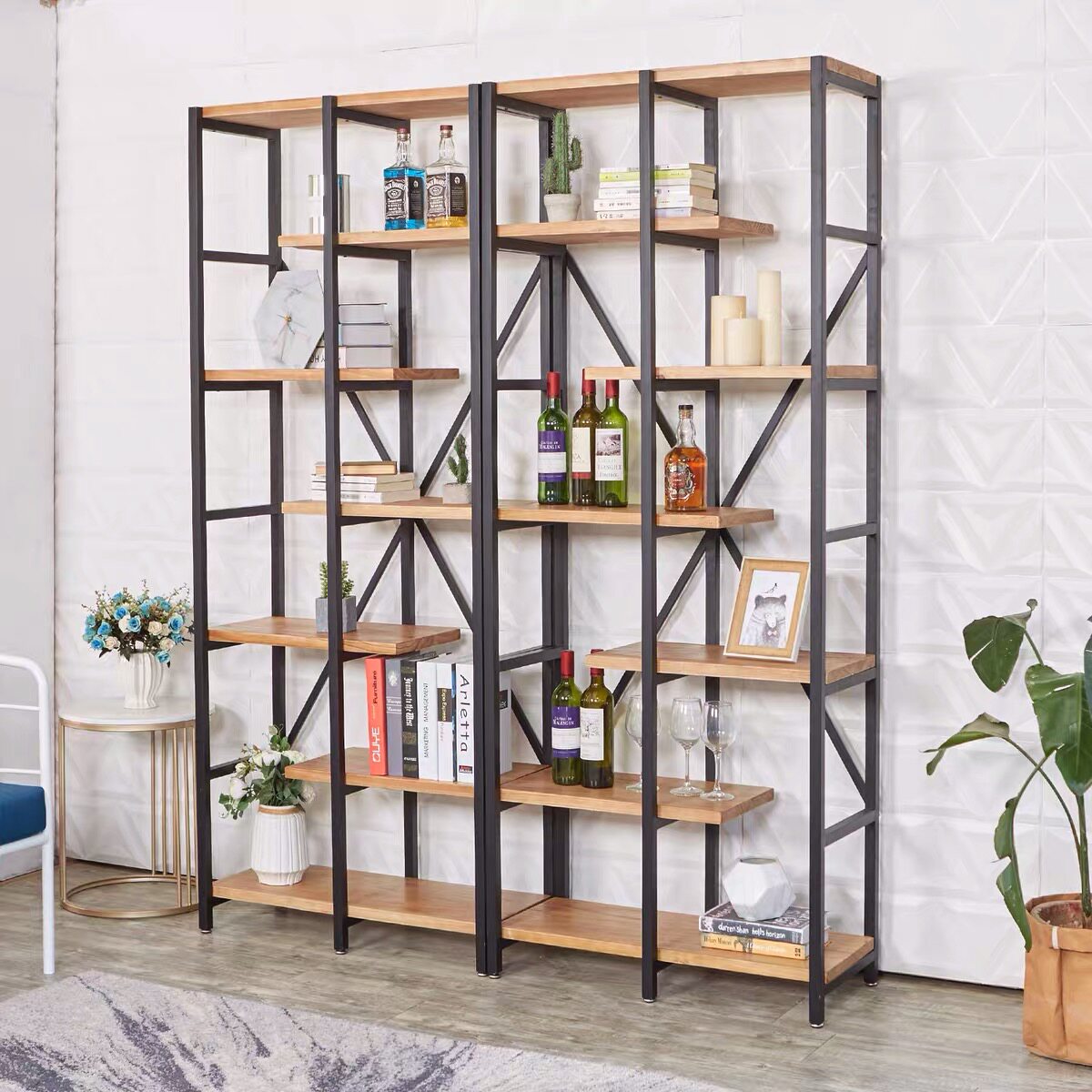 Nordic wrought iron bookshelf living room solid wood rack office display rack partition storage shelf floor display shelf