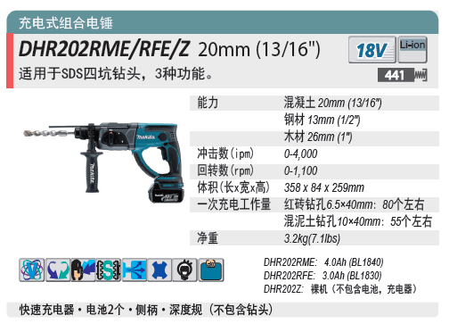 Makita Makita 18V Rechargeable Hammer Drill DHR BHR202Z RFE RME