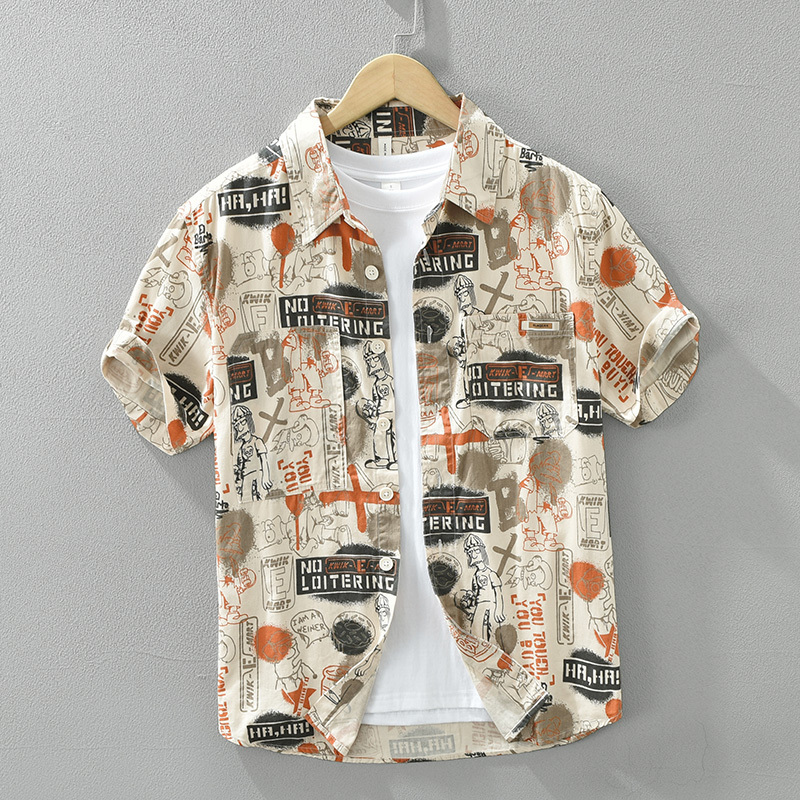Fashion Printed Short-Sleeved Shirt for Men, Summer Loose-Fitting Pure Cotton, Youthful Trendy Color-Blocking Casual Lapel Shirt for Men