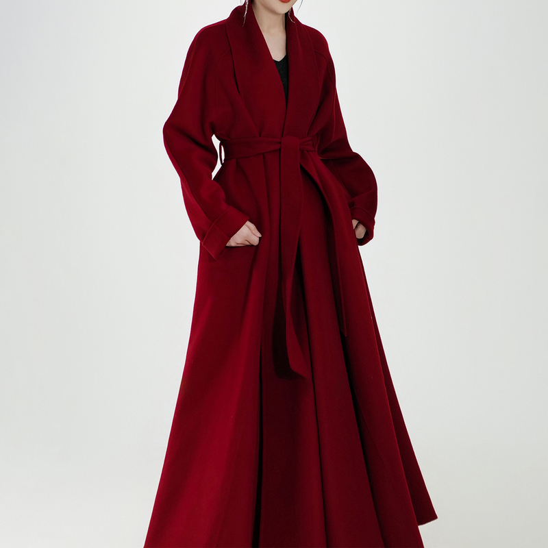 Red High-End Double-Sided Cashmere Coat for Women 2026 Winter New Style Waist-Cinching Tie Mid-Length Loose Woolen Coat Red High-End Double-Sided Cashmere Coat for Women 2026 Winter New Style Waist-Cinching Tie Mid-Length Loose Woolen Coat