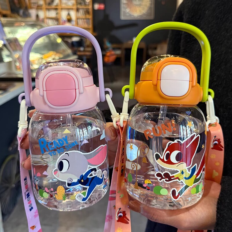 Japan's Zootopia Children's Water Bottle for Boys and Girls, New Model for School Use, Nick and Judy Double Drinking Straw Cup