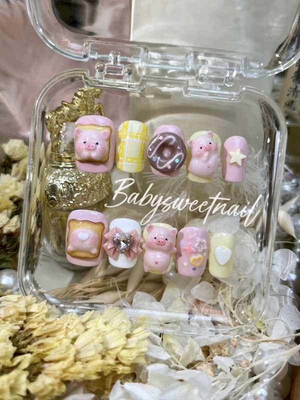 Babysweetnail Donut Toast Pig Nail Art Wearable Nails Handmade Nail Pieces High-End Nail Art Finished Nail Pieces
