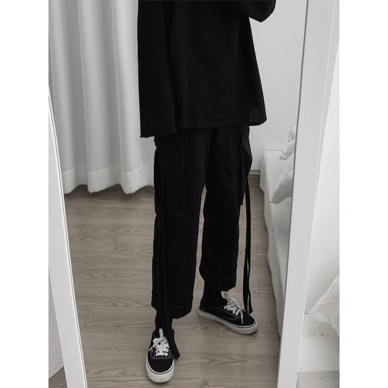 Mr short sentence retro dark black loose-leg overalls Large pockets streamers nine-point pants straight casual pants for men