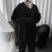 Mr. Short black sweater mens autumn and winter New Korean version of loose long sleeve plush pullover round neck sweater tide