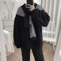 Mr. autumn and winter fake two-piece knitwear mens round neck loose Korean version of long-sleeved design