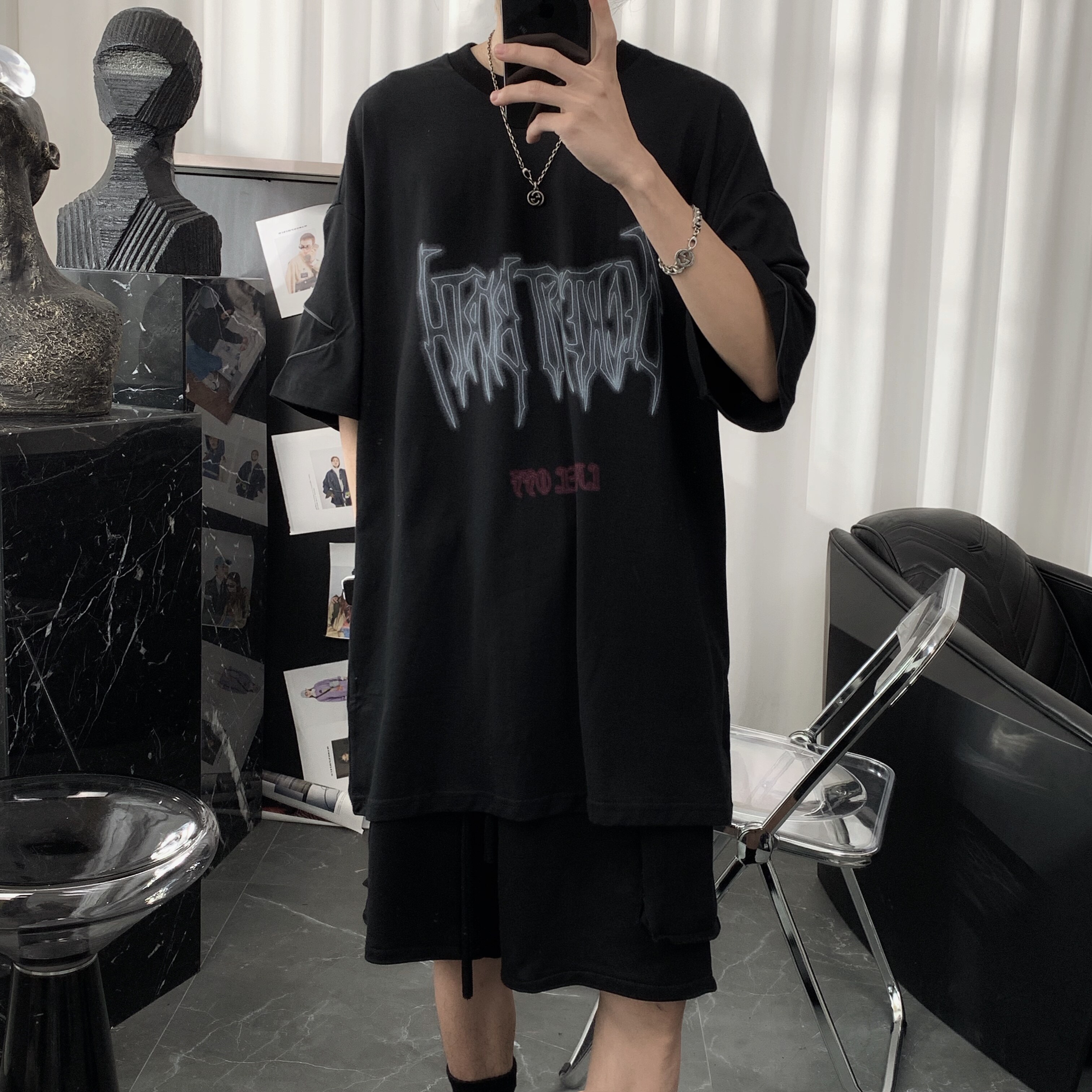 Short sentence Mr. t-shirt men's short sleeves ins tide spring reflective strip top dark tie street hip-hop loose clothes