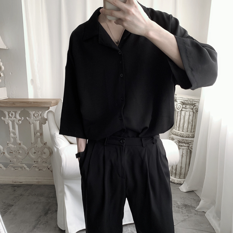 Mr short sentence dark abstinence five-and-a-half-sleeve shirt men's summer thin black casual loose-fitting versatile shirt