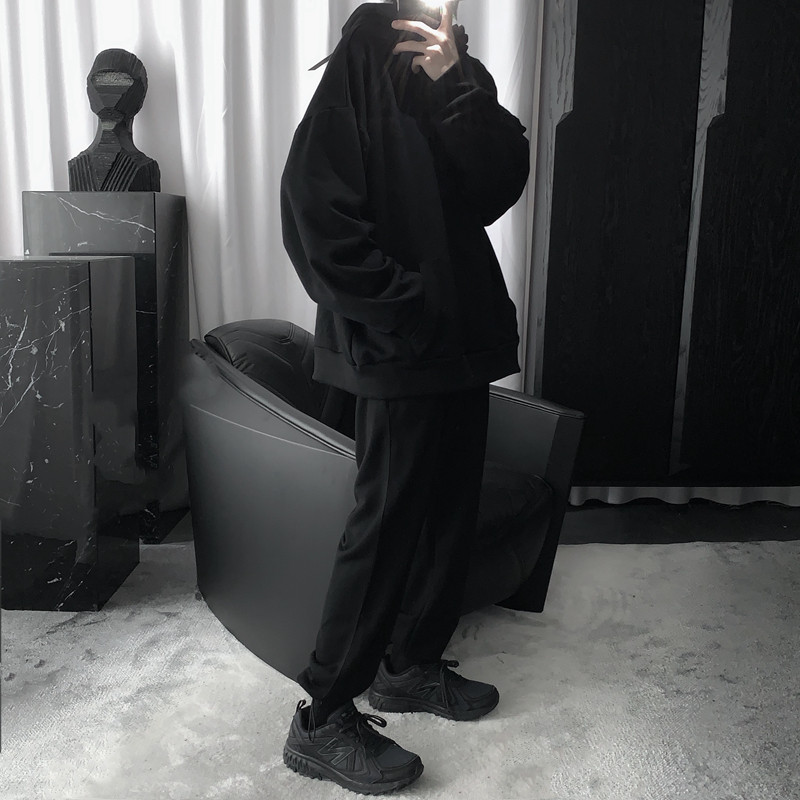 Mr short sentence 2021 autumn and winter new black two-piece men's loose Korean pullover sports hooded sweatshirt ins